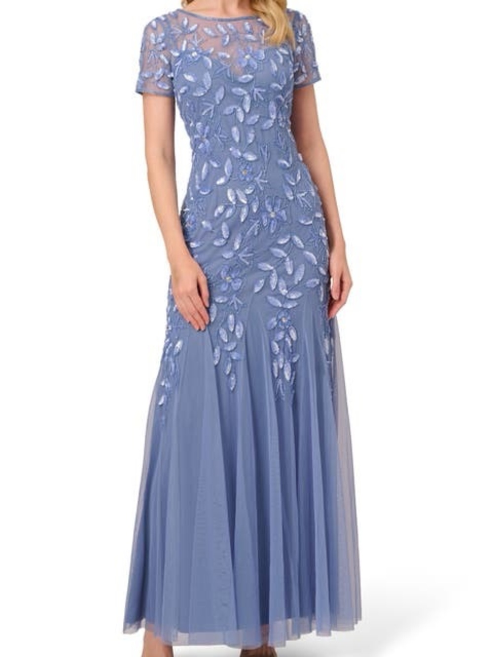 Adrianna Papell Periwinkle Embroidered Tulle Maxi Dress